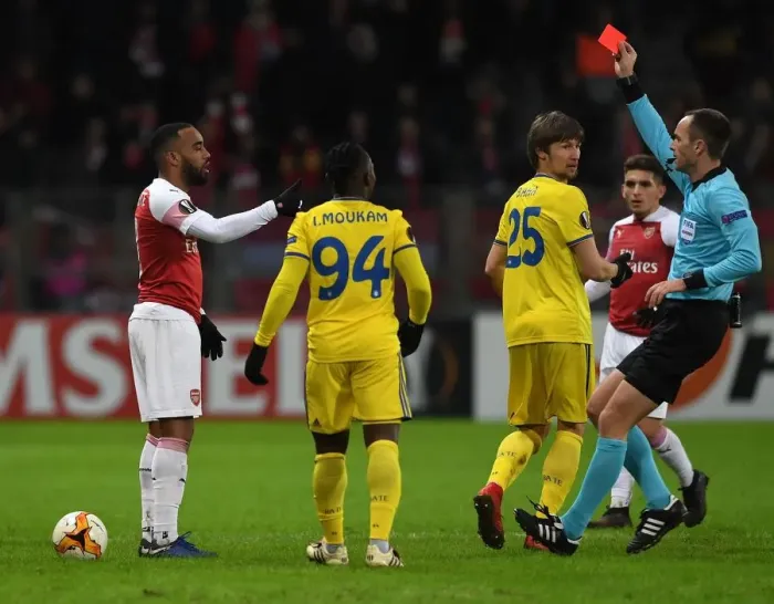 Framed Print : Alexandre Lacazette's Red Card Marred Arsenal's Europa League Clash Against BATE Borisov