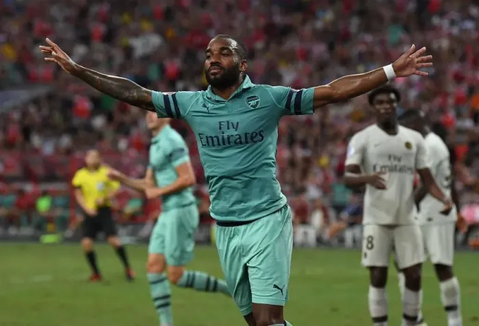 Framed Print : Alexandre Lacazette's Stunning Goal: Arsenal Upsets Paris Saint-Germain in 2018 Pre-Season Clash, Singapore