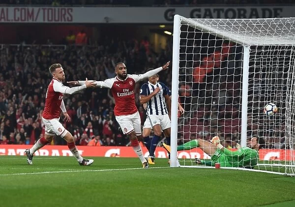 Alexis Lacazette and Aaron Ramsey Celebrate Goal for Arsenal against West Bromwich Albion, 2017-18 Premier League