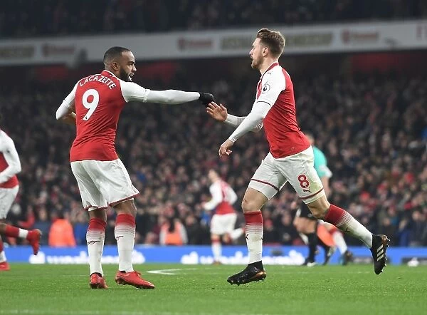 Alexis Lacazette and Aaron Ramsey Celebrate Goal: Arsenal vs Manchester United, Premier League 2017-18