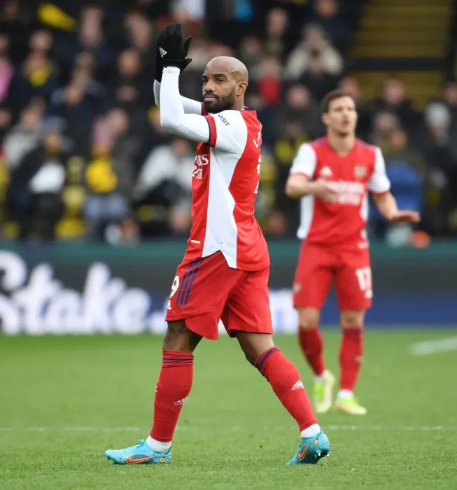 Framed Print : Alexis Lacazette Celebrates with Fans: Watford vs. Arsenal, Premier League 2021-22