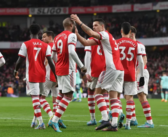 Framed Print : Alexis Lacazette and Granit Xhaka Celebrate Arsenal's Second Goal Against Leicester City (2021-22)