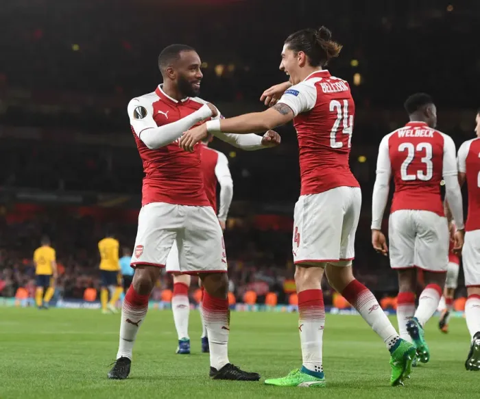 Framed Print : Alexis Lacazette and Hector Bellerin Celebrate Arsenal's Goal Against Atletico Madrid in Europa League Semi-Final Framed Print : Alexis Lacazette and Hector Bellerin Celebrate Arsenal's Goal Against Atletico Madrid in Europa League Semi-Final