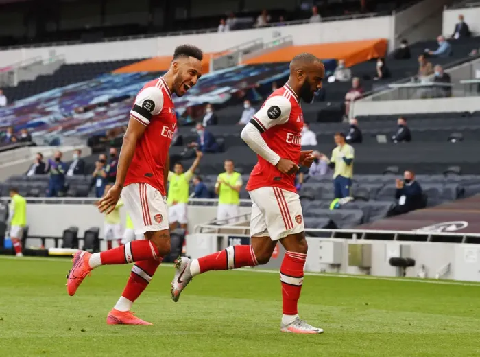 Framed Print : Alexis Lacazette and Pierre-Emerick Aubameyang Celebrate Goals: Tottenham vs. Arsenal, Premier League 2019-2020