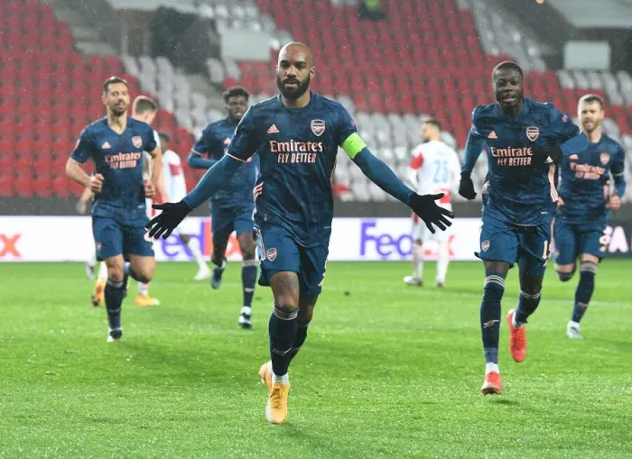 Framed Print : Alexis Lacazette Scores as Arsenal Advance in Europa League Quarterfinals Against Slavia Praha (Prague, 2021)