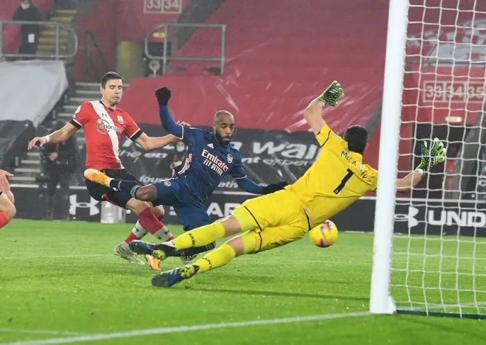 Framed Print : Alexis Lacazette Scores Third Goal: Southampton vs. Arsenal, Premier League 2021 (Behind Closed Doors)