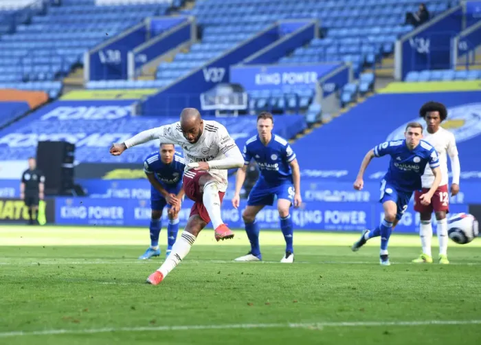 Framed Print : Alexis Lacazette Scores Penalty: Leicester City vs. Arsenal, Premier League 2021 (Behind Closed Doors)