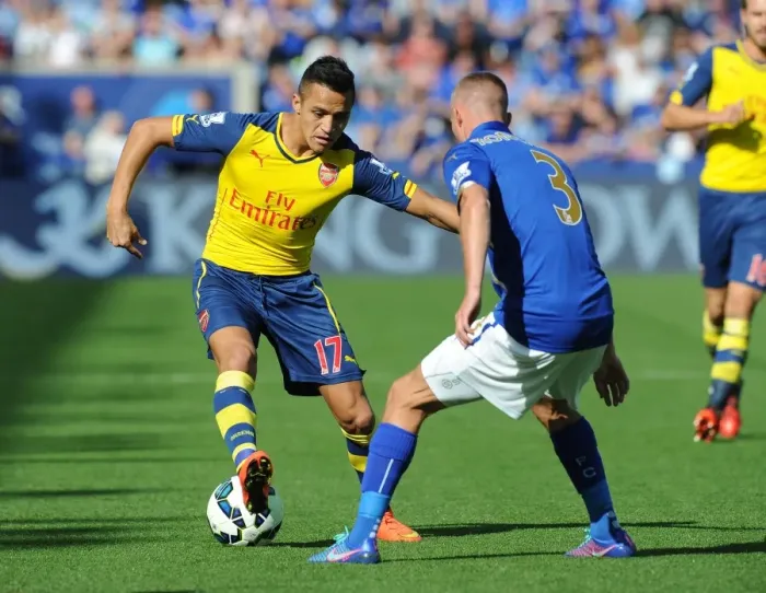 Framed Print : Alexis Sanchez (Arsenal) Paul Konchesky (Leicester). Leicester City 1: 1 Arsenal
