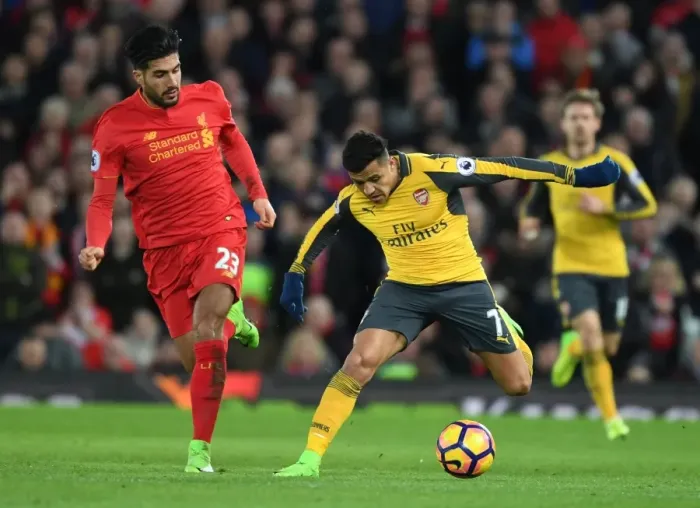 Framed Print : Alexis Sanchez Breaks Past Emre Can: Intense Moment from Liverpool vs. Arsenal Premier League Clash (2016-17)