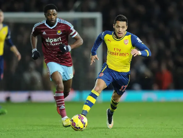 Framed Print : Alexis Sanchez Breaks Past West Ham's Song: Arsenal vs. West Ham United, Premier League 2014-15