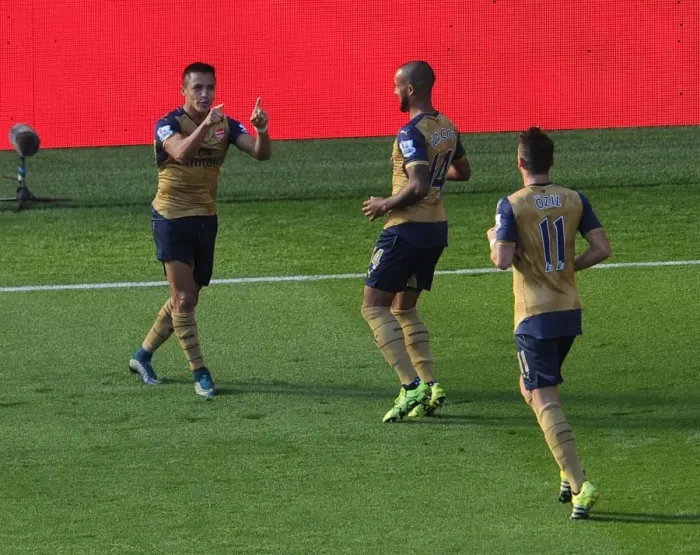 Framed Print : Alexis Sanchez celebrates scoring his 2nd goal, Arsenals 3rd, with Theo Walcott Framed Print : Alexis Sanchez celebrates scoring his 2nd goal, Arsenals 3rd, with Theo Walcott