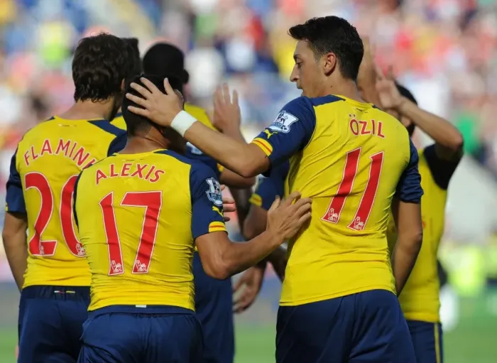 Framed Print : Alexis Sanchez celebrates scoring his goal for Arsenal with Mesut Ozil. Leicester City 1: 1 Arsenal Framed Print : Alexis Sanchez celebrates scoring his goal for Arsenal with Mesut Ozil. Leicester City 1: 1 Arsenal
