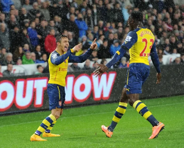 Framed Print : Alexis Sanchez and Danny Welbeck Celebrate Goal: Swansea vs Arsenal, Premier League 2014-15
