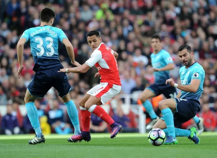 Framed Print : Alexis Sanchez Faces Intense Scrutiny from Swansea Defenders during Arsenal's 2016-17 Premier League Clash