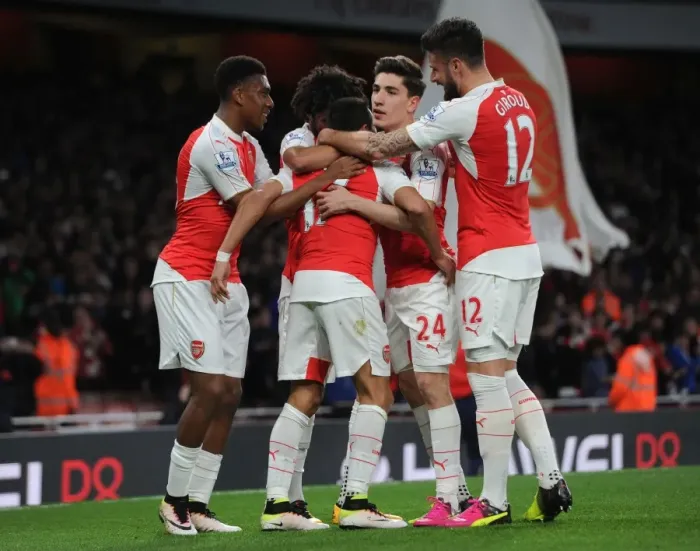 Framed Print : Alexis Sanchez and Hector Bellerin: Arsenal's Dynamic Duo Celebrating Goals Against West Bromwich Albion, 2015-16