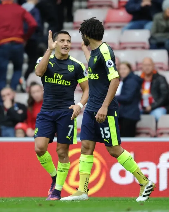 Framed Print : Alexis Sanchez and Mohamed Elneny Celebrate Arsenal's Four-Goal Lead Over Sunderland (2016-17) Framed Print : Alexis Sanchez and Mohamed Elneny Celebrate Arsenal's Four-Goal Lead Over Sunderland (2016-17)
