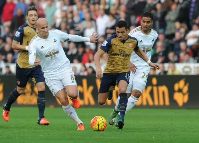 Framed Print : Alexis Sanchez Outmaneuvers Jonjo Shelvey: Arsenal's Thrilling Moment in Swansea Clash (2015-16)