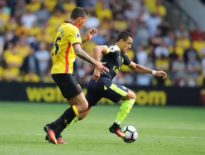 Framed Print : Alexis Sanchez Outmaneuvers Jose Holebas: Arsenal's Thrilling Start to 2016-17 Premier League Season