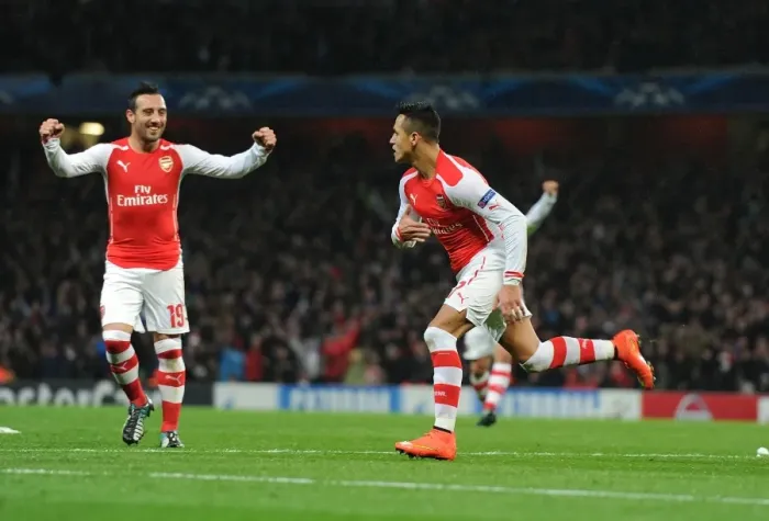 Framed Print : Alexis Sanchez and Santi Cazorla Celebrate Arsenal's Second Goal Against RSC Anderlecht in the 2014 / 15 UEFA Champions League
