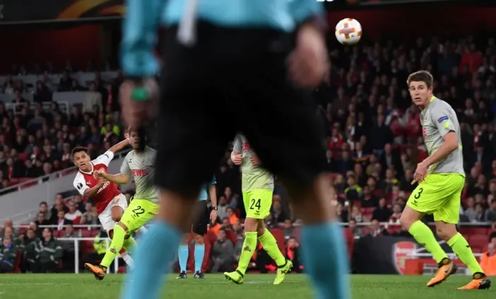 Framed Print : Alexis Sanchez Scores Arsenal's Second Goal Against 1. FC Koeln in Europa League Match