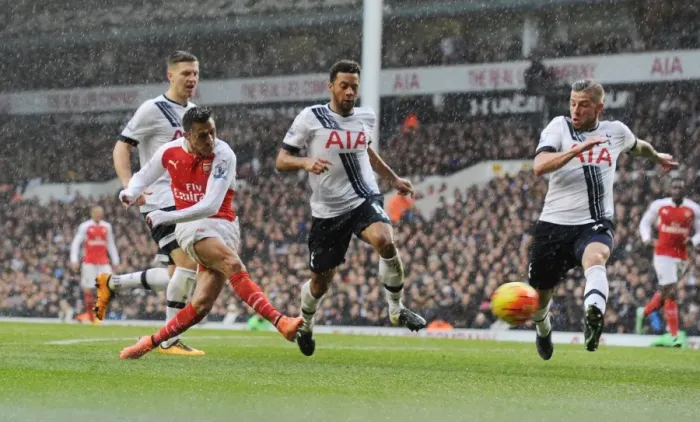 Framed Print : Alexis Sanchez Scores Dramatic Goal Past Dembele and Wimmer: Arsenal's Victory Over Tottenham in the Premier League 2015-16