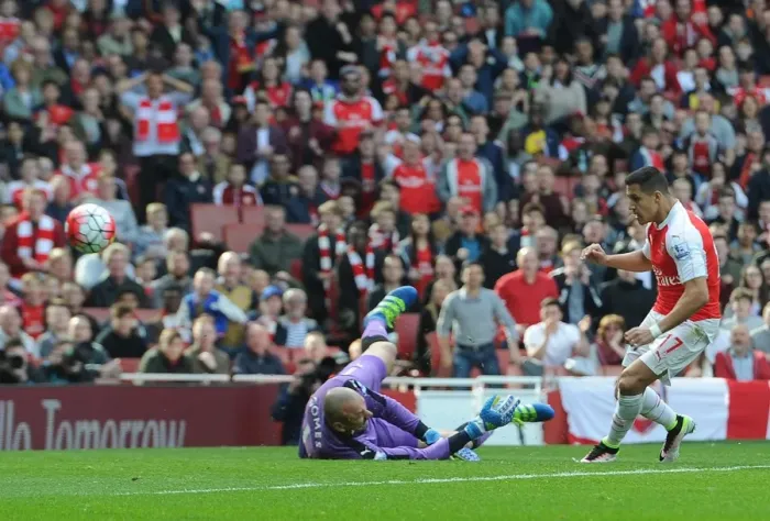 Framed Print : Alexis Sanchez Scores the First Goal: Arsenal vs. Watford, Premier League 2015-16