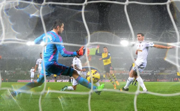 Framed Print : Alexis Sanchez Scores Past Lukasz Fabianski: Swansea vs Arsenal, Premier League 2014-15 Framed Print : Alexis Sanchez Scores Past Lukasz Fabianski: Swansea vs Arsenal, Premier League 2014-15