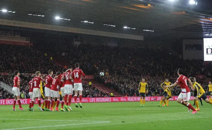 Framed Print : Alexis Sanchez Strikes Free Kick: Middlesbrough vs. Arsenal, Premier League 2016-17 Framed Print : Alexis Sanchez Strikes Free Kick: Middlesbrough vs. Arsenal, Premier League 2016-17