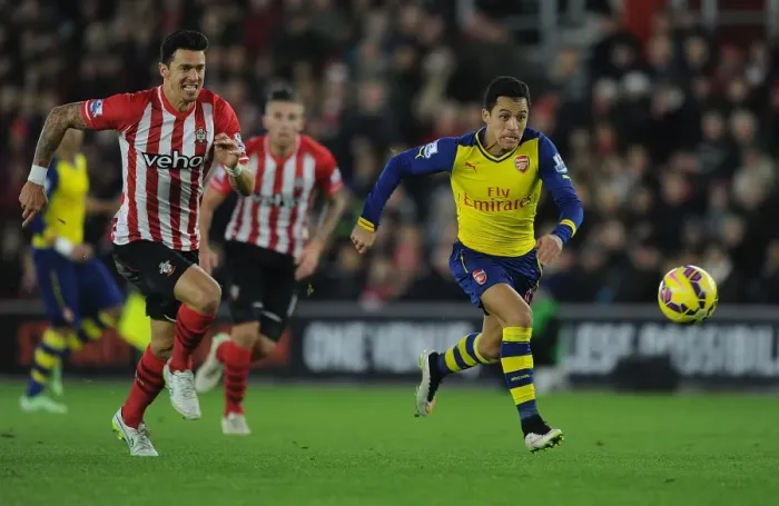 Framed Print : Alexis Sanchez Surges Past Jose Fonte: Southampton vs. Arsenal, Premier League 2014-15