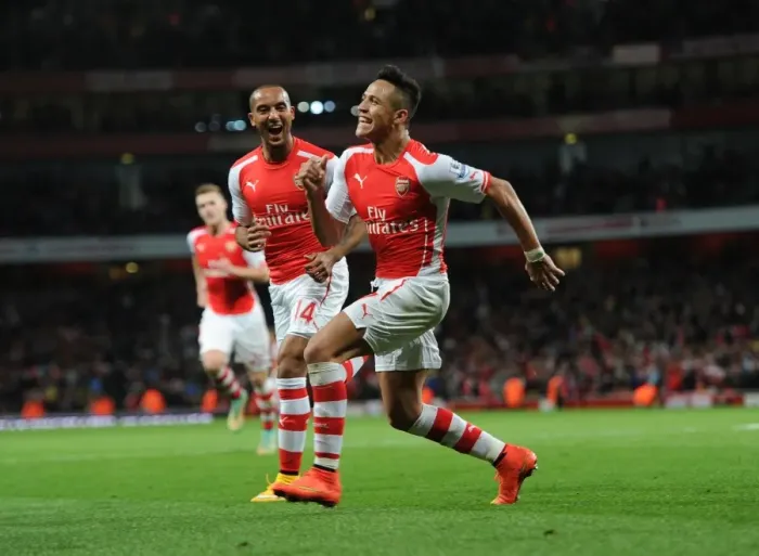 Framed Print : Alexis Sanchez and Theo Walcott Celebrate Goals: Arsenal vs Burnley, 2014 / 15 Premier League