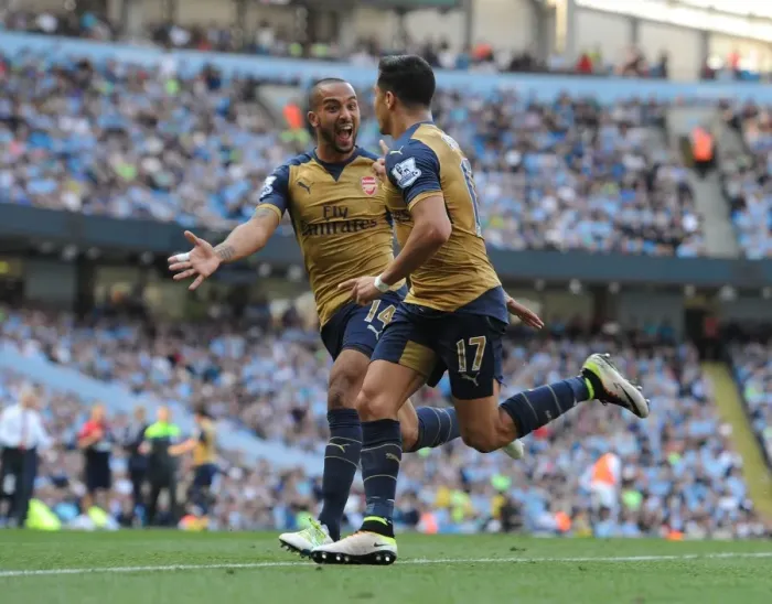 Framed Print : Alexis Sanchez and Theo Walcott: Celebrating Arsenal's Goals Against Manchester City (May 2016) Framed Print : Alexis Sanchez and Theo Walcott: Celebrating Arsenal's Goals Against Manchester City (May 2016)