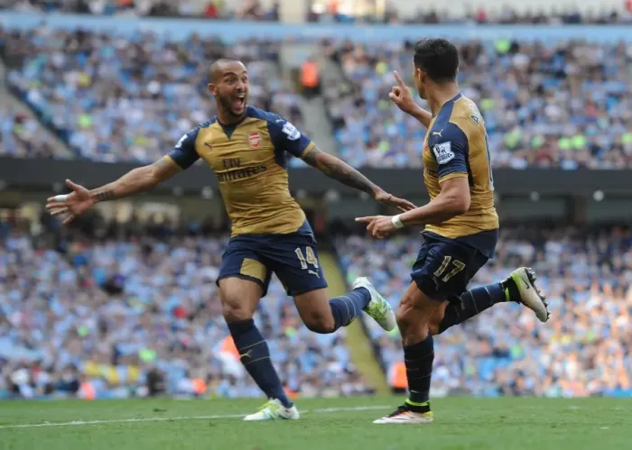 Framed Print : Alexis Sanchez and Theo Walcott's Jubilant Moment: Arsenal's Double Strike Against Manchester City (May 2016)