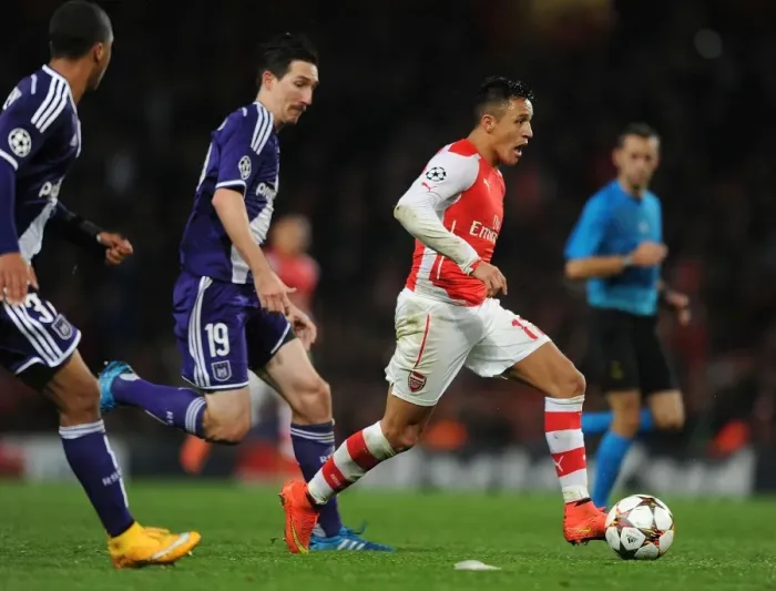 Framed Print : Alexis Sanchez vs. Sacha Kljestan: Battle at Emirates Stadium - Arsenal FC vs. RSC Anderlecht, UEFA Champions League, 2014