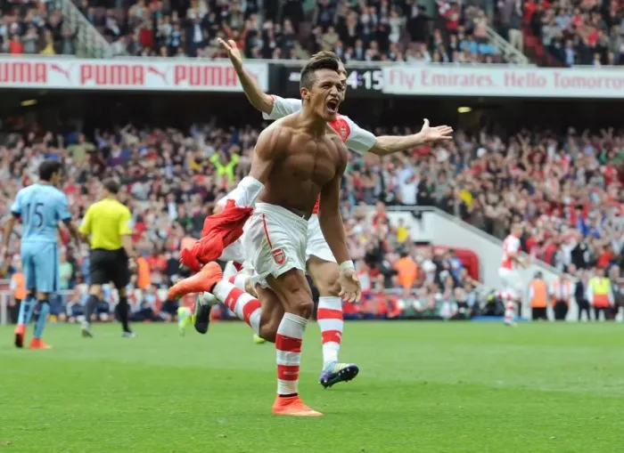 Framed Print : Alexis Sanchez's Celebratory Moment: Scoring Arsenal's Second Goal Against Manchester City (2014-15)