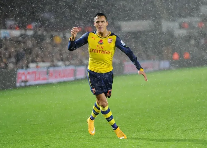 Framed Print : Alexis Sanchez's Euphoric Goal Celebration: Swansea vs. Arsenal, Premier League 2014-15