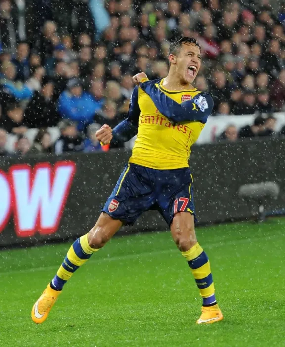 Framed Print : Alexis Sanchez's Euphoric Goal Celebration: Swansea vs. Arsenal, Premier League 2014-15