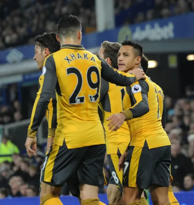 Framed Print : Alexis Sanchez's Goal Celebration with Granit Xhaka: Everton vs. Arsenal, Premier League 2016-17