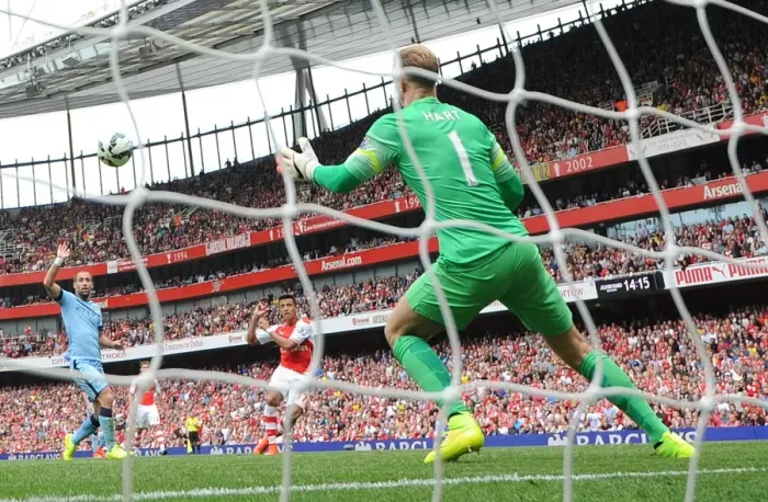 Framed Print : Alexis Sanchez's Stunning Goal: Arsenal vs Manchester City, Premier League 2014-15 - Arsenal's Star Forward Scores Past Joe Hart Framed Print : Alexis Sanchez's Stunning Goal: Arsenal vs Manchester City, Premier League 2014-15 - Arsenal's Star Forward Scores Past Joe Hart