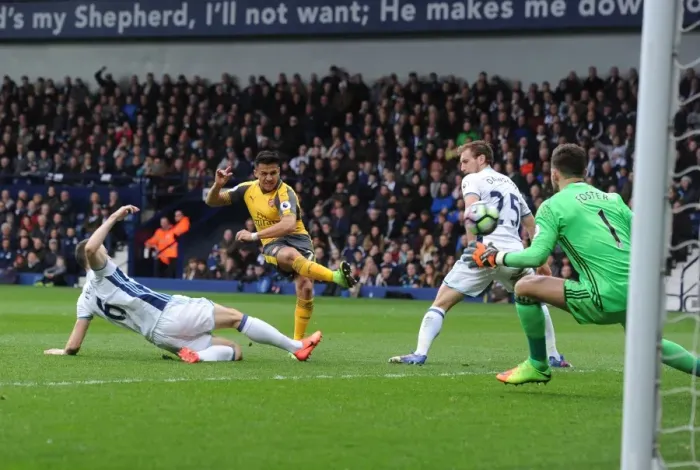 Framed Print : Alexis Sanchez's Stunning Goal: Arsenal's Triumph Over West Bromwich Albion (16-17), Sanchez Scores Past Ben Foster
