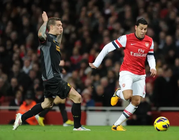 Framed Print : Andre Santos Outmaneuvers Jordan Henderson in Arsenal vs. Liverpool Clash Framed Print : Andre Santos Outmaneuvers Jordan Henderson in Arsenal vs. Liverpool Clash