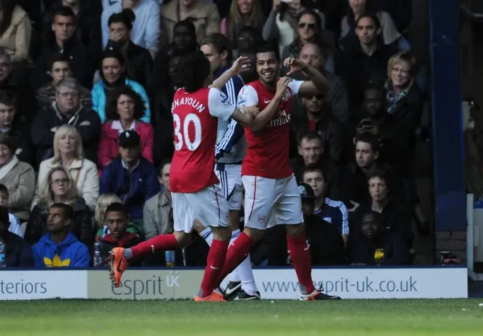 Framed Print : Andre Santos and Yossi Benayoun: Arsenal's Unforgettable Goal Celebration vs. West Bromwich Albion (2011-12)