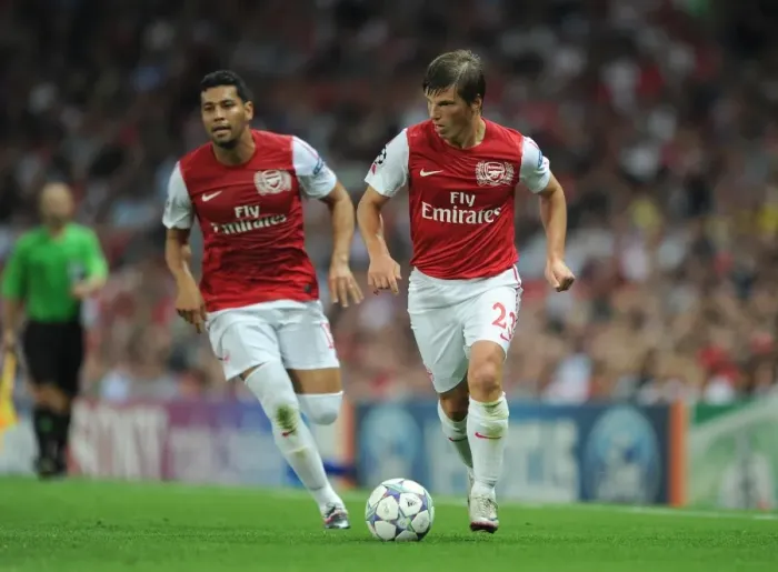 Framed Print : Andrey Arshavin and Andre Santos (Arsenal). Arsenal 2: 1 Olympiacos. UEFA Champions League