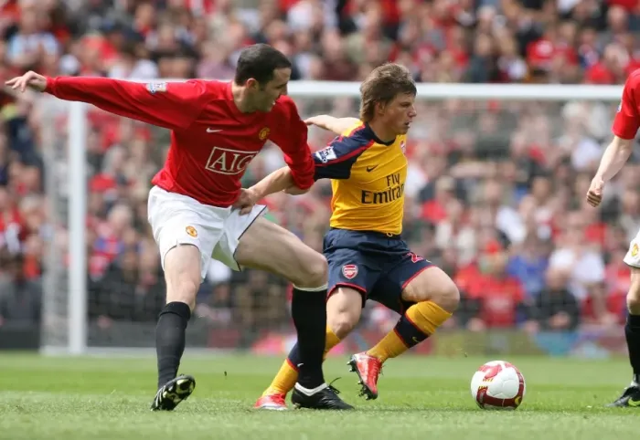 Framed Print : Andrey Arshavin (Arsenal) John O Shea (Man United) Framed Print : Andrey Arshavin (Arsenal) John O Shea (Man United)