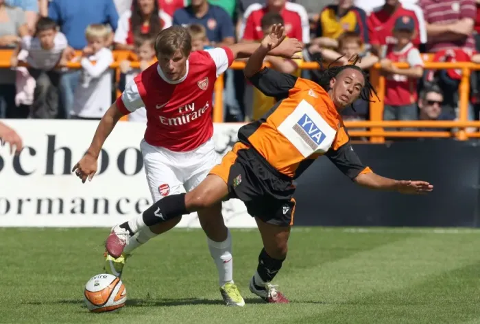 Framed Print : Andrey Arshavin (Arsenal) Sam Cox (Barnet). Barnet 0: 4 Arsenal. Pre Season Friendly Framed Print : Andrey Arshavin (Arsenal) Sam Cox (Barnet). Barnet 0: 4 Arsenal. Pre Season Friendly