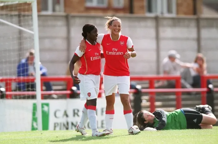 Framed Print : Anita Asante celebrates scoring for Arsenal with Lianne Sanderson