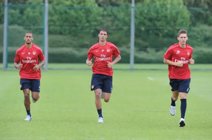 Framed Print : Armand Traore, Maraoune Chamakh and Mark Randall(Arsenal). Arsenal Training Ground