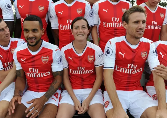 Framed Print : Arsenal 1st Team Squad: United in Purpose - Theo Walcott, Nacho Monreal, and Natalia Pablos Sanchon at 2016-17 Photocall