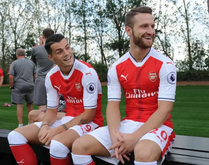 Framed Print : Arsenal 1st Team: Xhaka and Mustafi, 2016-17 Squad Photocall