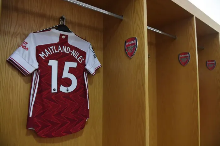 Framed Print : Arsenal: Ainsley Maitland-Niles Shirt in Emirates Stadium Changing Room before Arsenal vs Burnley (2020-21)