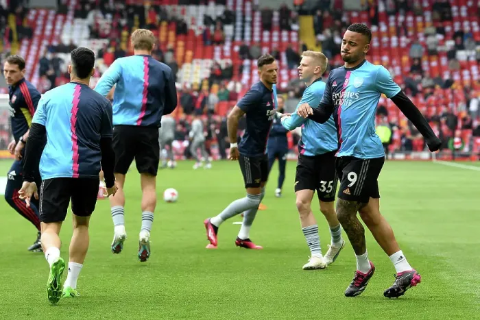 Framed Print : Arsenal at Anfield: Pre-Match Warm-Up (2022-23) - Gabriel Jesus and Team